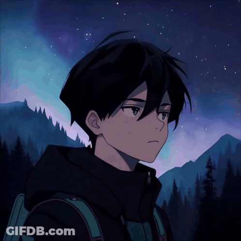 A Boy With Black Hair And A Backpack Stands In Front Of A Mountain GIF