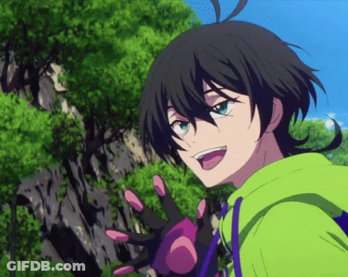 A Boy With Black Hair And Green Eyes Is Wearing A Green Hoodie And A Pink Glove GIF