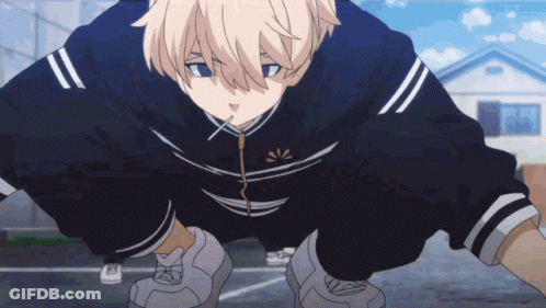 A Boy With Blonde Hair Is Squatting Down With A Straw In His Mouth . GIF
