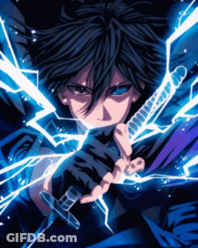 A Boy With Blue Eyes Is Holding A Sword With Lightning Behind Him GIF
