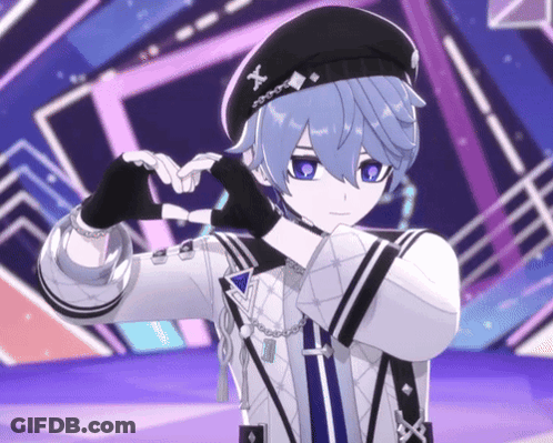 A Boy With Blue Hair And A Hat With The Letter X On It Is Making A Heart Shape With His Hands GIF