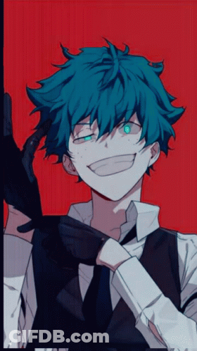 A Boy With Blue Hair And Green Eyes Is Wearing A Black Vest And Tie GIF