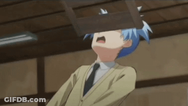 A Boy With Blue Hair Is Covering His Face With A Wooden Box . GIF