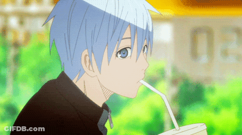 A Boy With Blue Hair Is Drinking Through A Straw From A Cup GIF