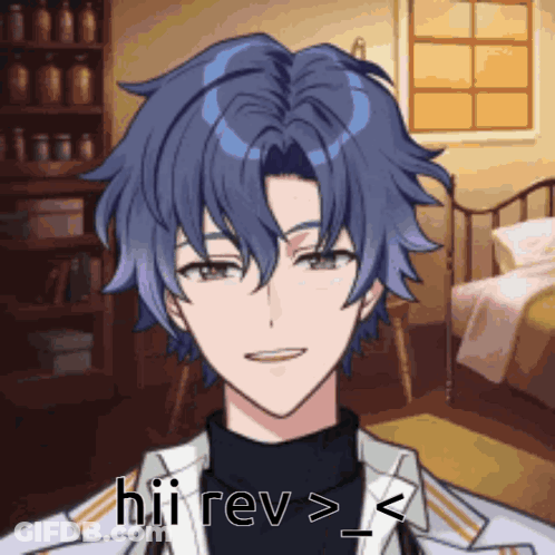 A Boy With Blue Hair Is Smiling And Says Hii Rev > GIF
