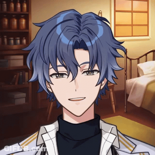 A Boy With Blue Hair Is Smiling In A Room With A Bed GIF