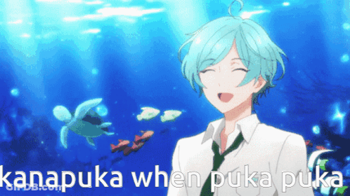 A Boy With Blue Hair Is Smiling In Front Of A Sea Turtle And The Words Kanapika When Puka Puka GIF