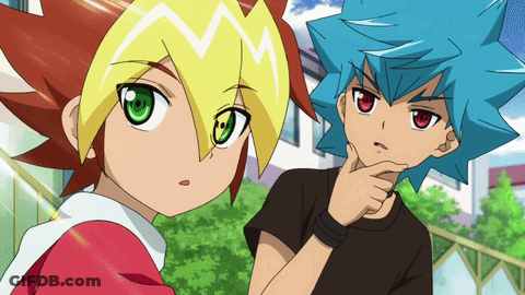 A Boy With Blue Hair Is Standing Next To Another Boy GIF