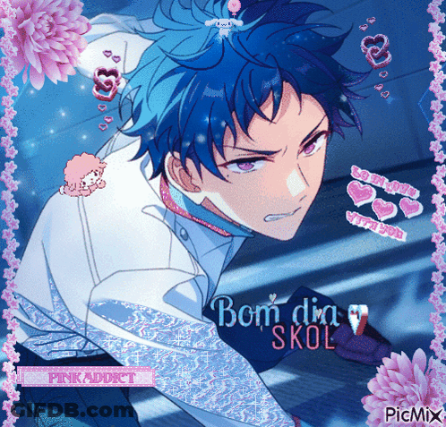 A Boy With Blue Hair Is Surrounded By Pink Flowers And The Words Bom Dia Skol GIF