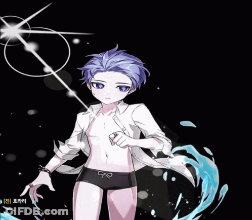 A Boy With Blue Hair Is Wearing A White Shirt And Black Swim Trunks With A Wave In The Background GIF
