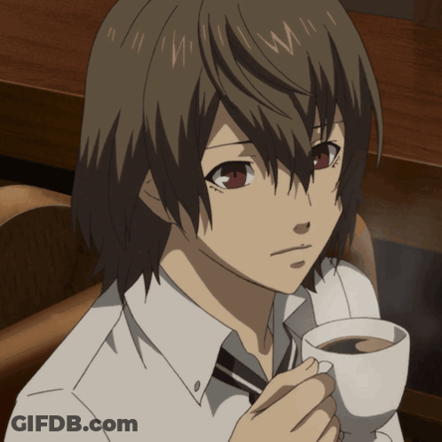 A Boy With Brown Hair Is Holding A Cup Of Coffee In His Hand GIF