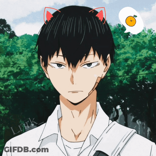 A Boy With Cat Ears And A Speech Bubble With An Orange In It GIF