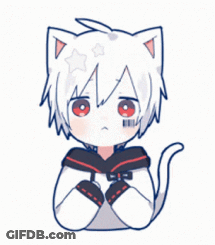 A Boy With Cat Ears And Red Eyes Is Sitting Down With His Hands Folded . GIF
