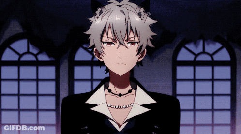A Boy With Cat Ears Is Wearing A Black Jacket And A Pearl Necklace GIF