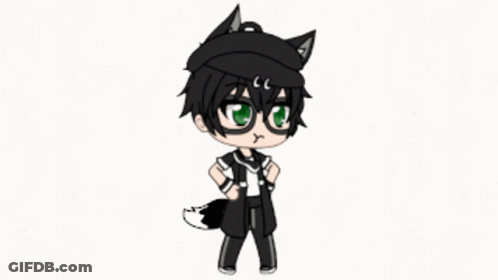 A Boy With Glasses And A Wolf Tail Is Wearing A Black Hat And A Black Jacket . GIF