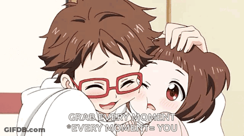 A Boy With Glasses Is Hugging A Girl With The Words Grab Every Moment Every Moment You GIF