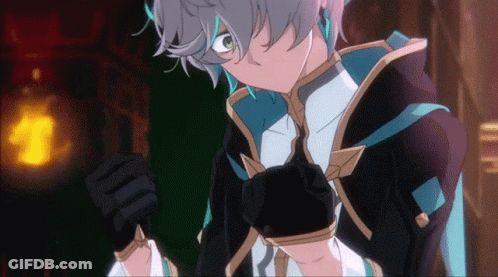 A Boy With Gray Hair And Blue Eyes Is Wearing A Black And Blue Suit GIF