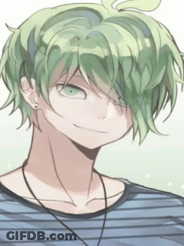 A Boy With Green Hair Is Wearing A Striped Shirt And A Necklace And Smiling . GIF