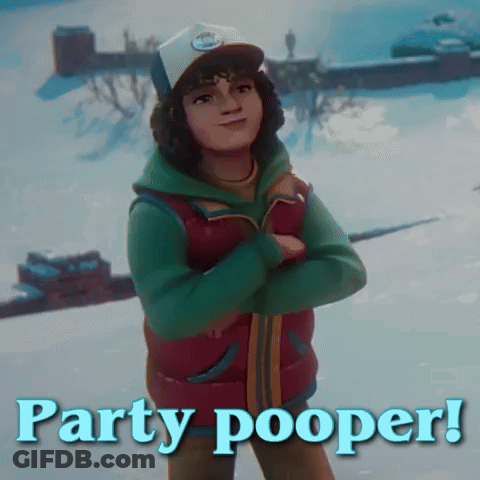 A Boy With His Arms Crossed And The Words Party Pooper Written Below Him GIF