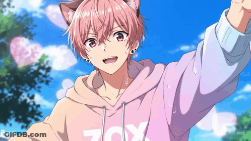 A Boy With Pink Hair And A Hoodie That Says Zox GIF