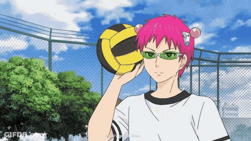 A Boy With Pink Hair Is Holding A Volleyball In His Hand GIF