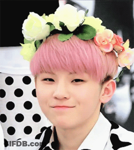 A Boy With Pink Hair Wearing A Flower Crown GIF