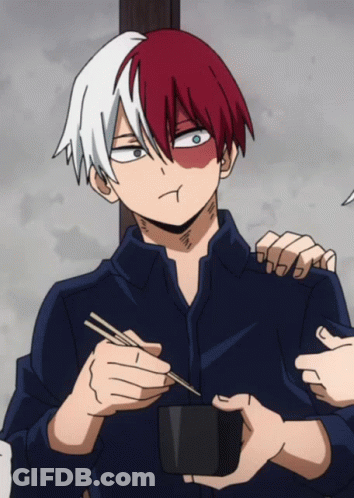 A Boy With Red And White Hair Is Holding Chopsticks And A Bowl Of Food GIF