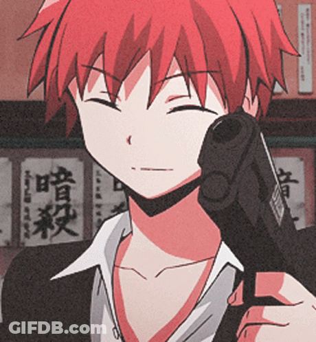 A Boy With Red Hair Is Holding A Gun In Front Of Chinese Writing GIF