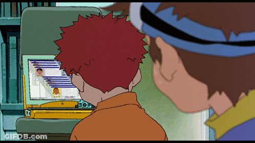 A Boy With Red Hair Is Looking At A Screen With A Picture Of A Person On It GIF