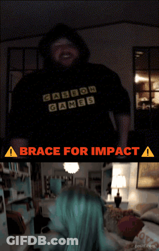 A Brace For Impact Sign Is Above A Blurry Picture Of A Person GIF