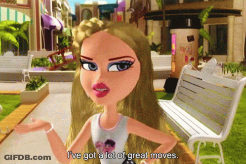 A Bratz Doll Says I 'Ve Got A Lot Of Great Moves In Front Of A Park Bench GIF