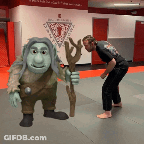 A Brazilian Jiu-Jitsu Practitioner Stands Next To A Troll In A Gym GIF