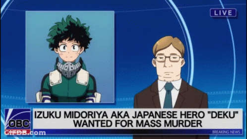 A Breaking News Report About Izuku Midoriya Aka Japanese Hero Deku Wanted For Mass Murder GIF