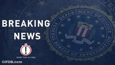 A Breaking News Sign With A Federal Bureau Of Investigation Logo In The Background GIF