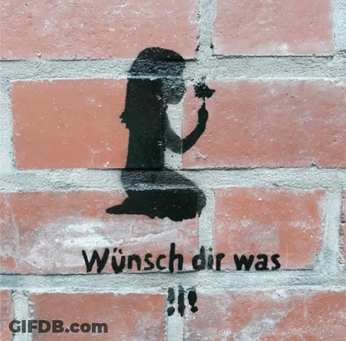 A Brick Wall Has A Stencil Of A Girl Holding A Flower And The Words Wunsch Dir Was GIF