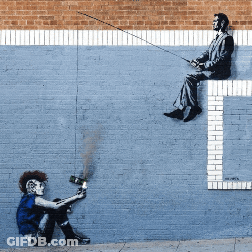 A Brick Wall With A Painting Of A Man Fishing And A Woman Holding A Bottle Of Beer GIF