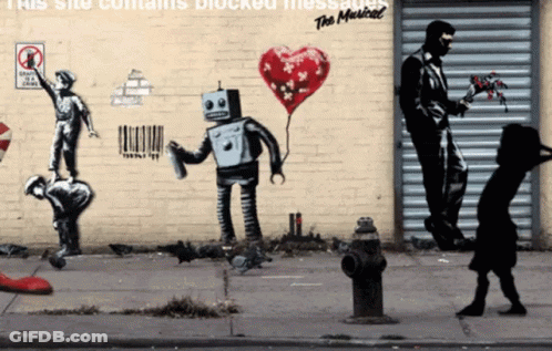 A Brick Wall With A Robot Holding A Heart Shaped Balloon And The Words " This Site Contains Blocked Messages " On It GIF
