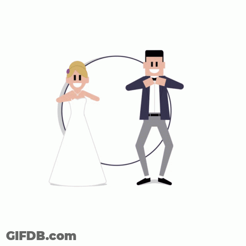 A Bride And Groom Are Dancing In Front Of A Wedding Vibes Sign GIF