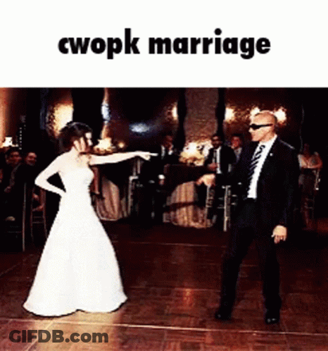 A Bride And Groom Are Dancing On A Dance Floor With The Words Cwopk Marriage Above Them GIF
