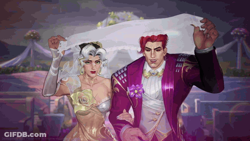 A Bride And Groom Are Standing Next To Each Other In A Wedding Dress GIF