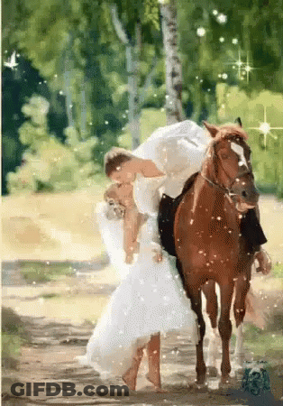 A Bride And Groom Riding On The Back Of A Horse GIF