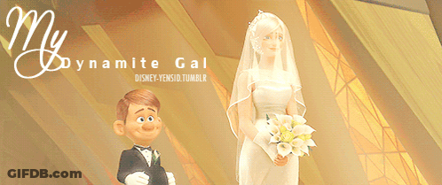 A Bride And Groom Standing Next To Each Other With The Words My Dynamite Gal On The Bottom GIF