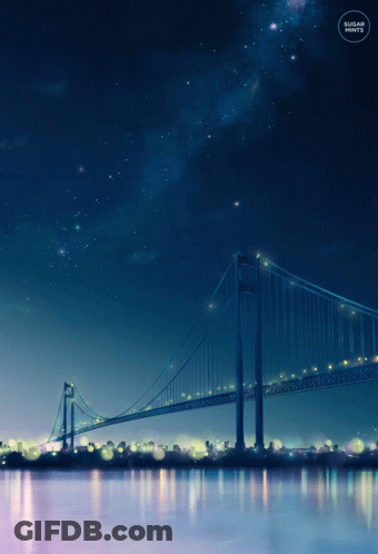 A Bridge Over A Body Of Water At Night With The Word Sugar Written Below It GIF
