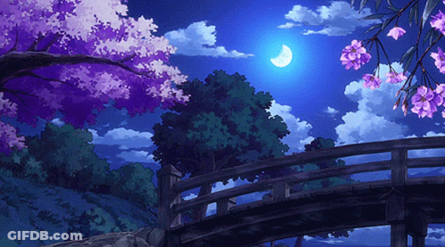 A Bridge With Purple Flowers And A Full Moon GIF