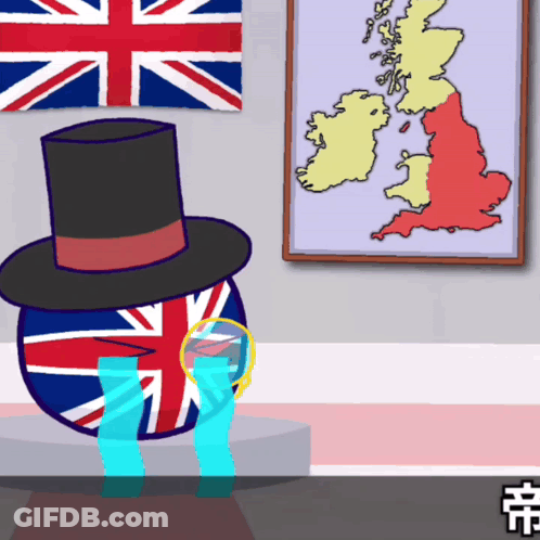 A British Ball Wearing A Top Hat Is Crying In Front Of A Map GIF