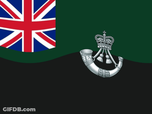 A British Flag With A Silver Horn And Crown On It GIF