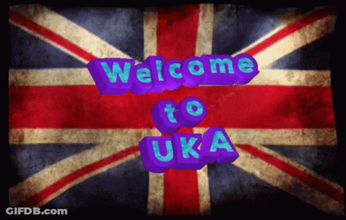 A British Flag With The Words Welcome To Uk Written In Purple GIF