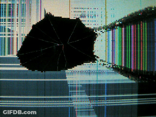 A Broken Computer Screen With A Black Umbrella In The Middle Of It GIF
