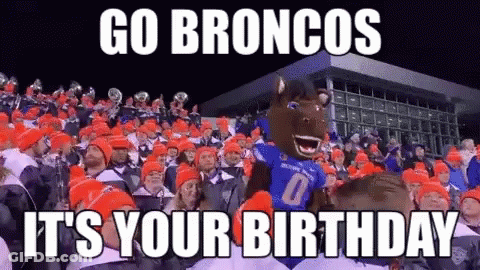 A Broncos Mascot Stands In Front Of A Crowd Of People GIF