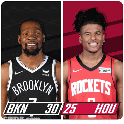 A Brooklyn Nets Player And A Rockets Player Pose For A Photo GIF